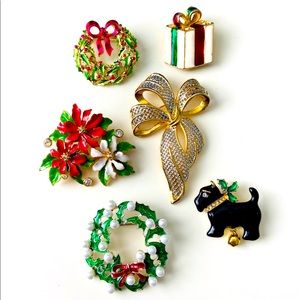 Vintage Christmas Brooches Bundle Lot Butler Signed Bow, Gift Box, Pet Brooch